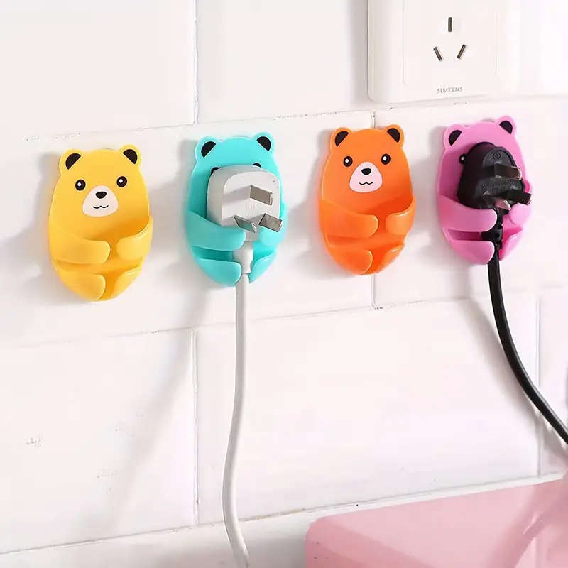4pcs Cartoon Bear Wall-Mounted Power Strip Holder Strong Adhesive Cable Organizer Easy Install Kitch