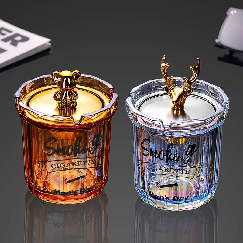 1-Pack Household Ash Tray with Stainless Steel Funnel Anti-Fly Ash Lid Windproof Fashionabl