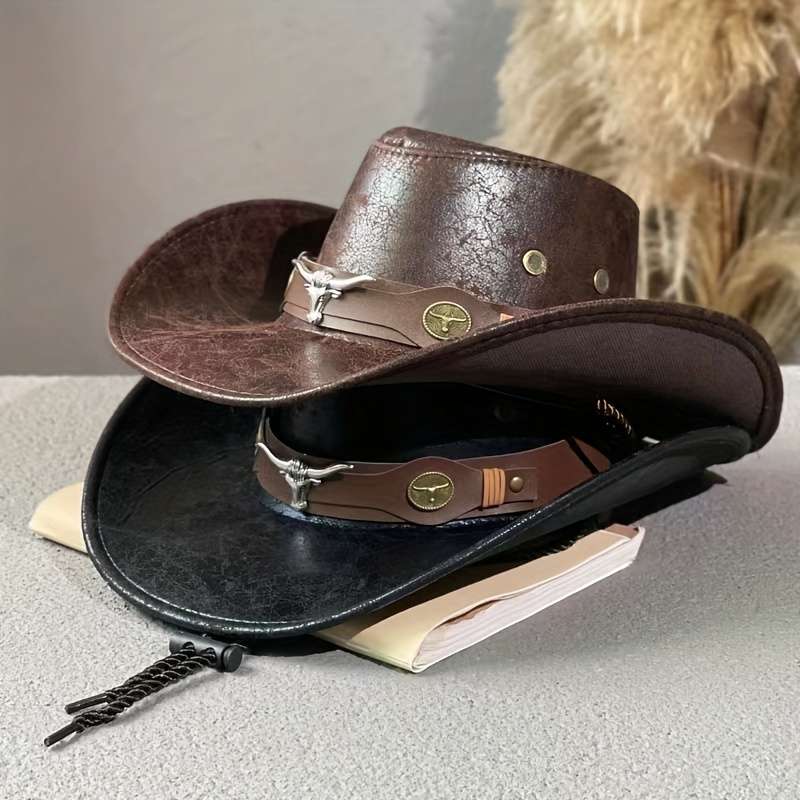 1pc Men'S Breathable Cowboy Hat with Rivets PU Leather Vacation Style Outdoor Casual Camping Fi