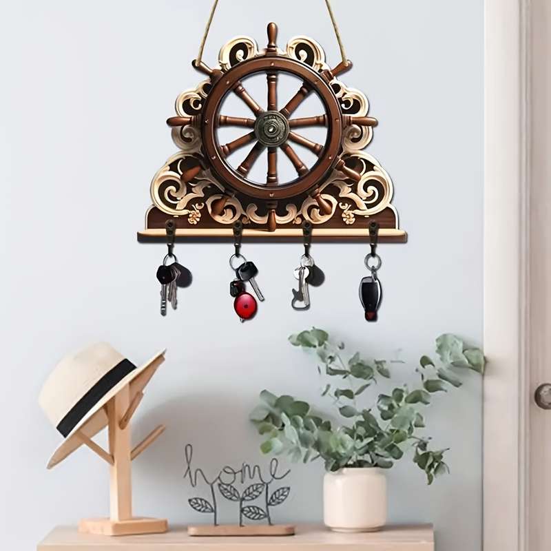 1pc Nautical Rudder Wall Key Holder with 4 Metal Hooks Manufactured Wood Hanging Storage General F
