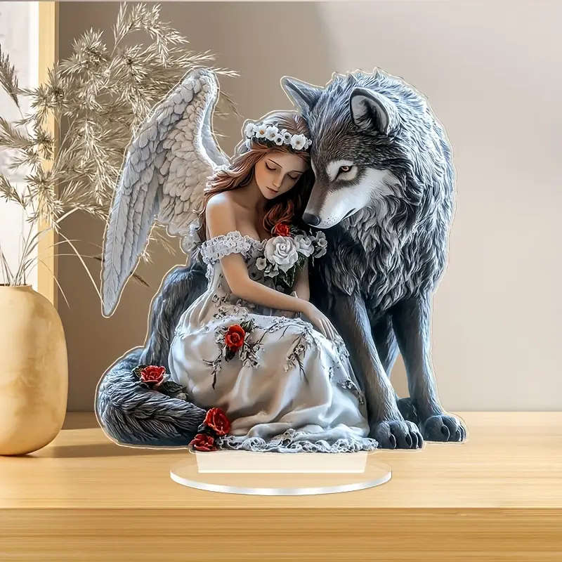 1pc 2D Plane Acrylic Angel And Wolf Desktop Decoration Unique Desktop Decoration Artistic Decoration