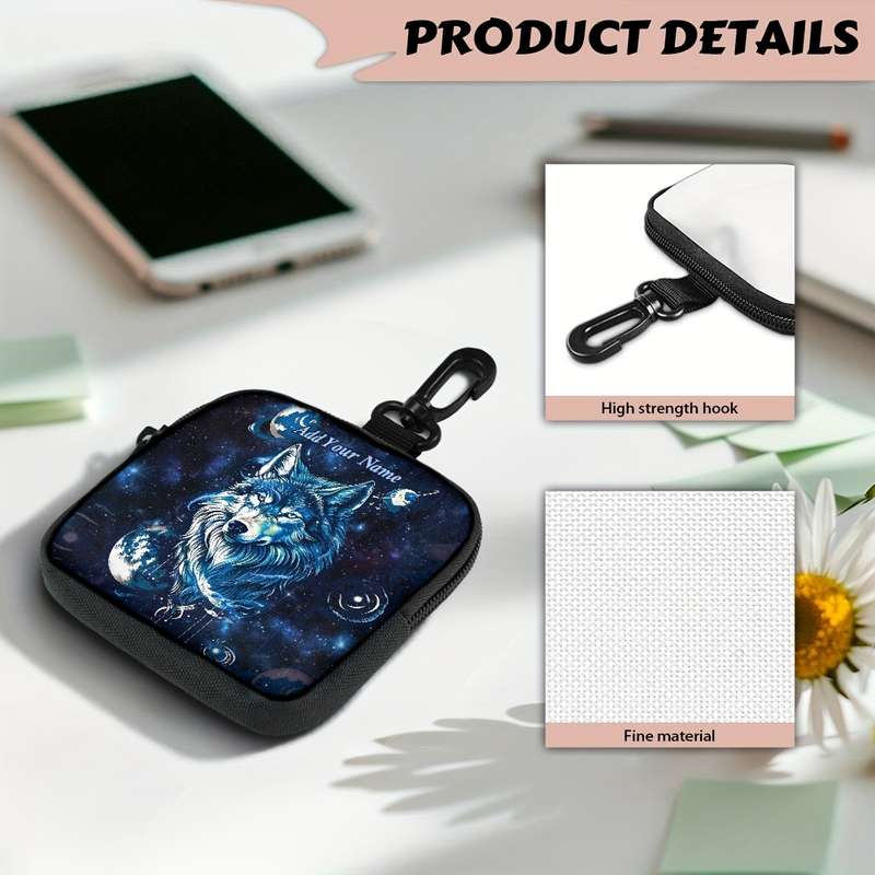 1pc Starry Arctic Wolf Coin Purse Customizable Name Black Polyester Mini Wallet with Keychai