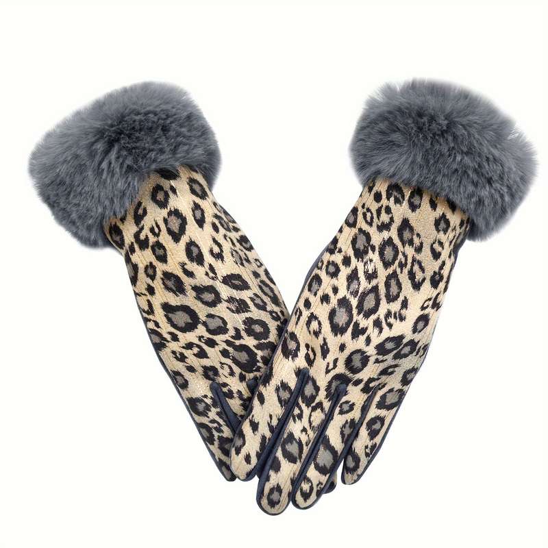 1 Pair Leopard Print Hair Mouth Gray Black Warm Gloves
