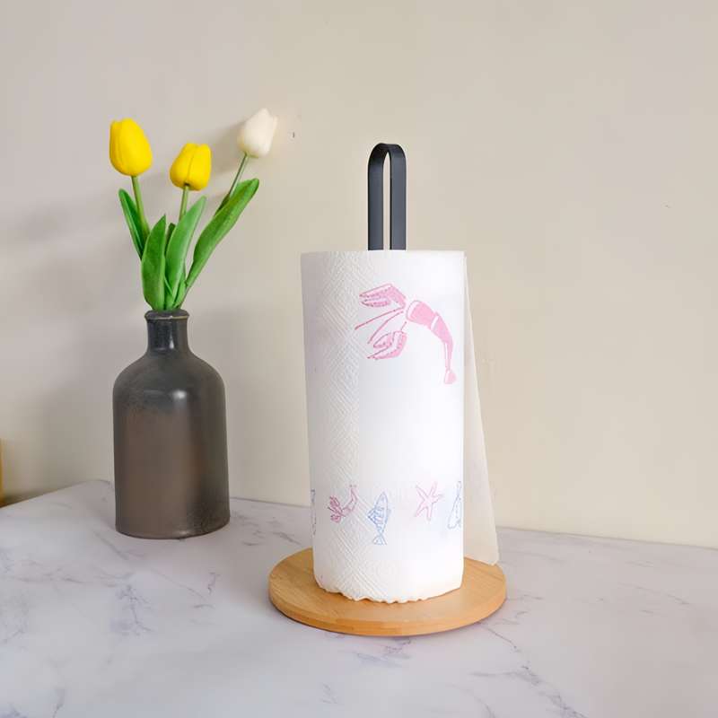 1pc Black Bamboo Kitchen Paper Towel Holder Vertical Storage Rack for Countertop Metal Tiss