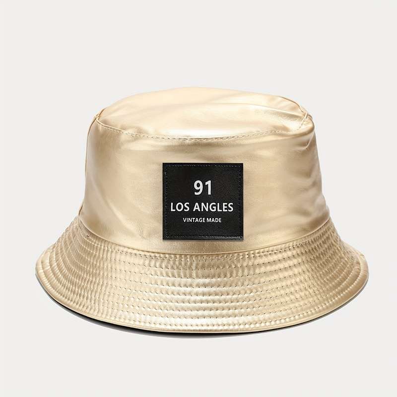 1pc 91 LOS ANGELES VINTAGE MADE Label PU Bucket Hat Breathable Sun Hat for Outdoor Sports V