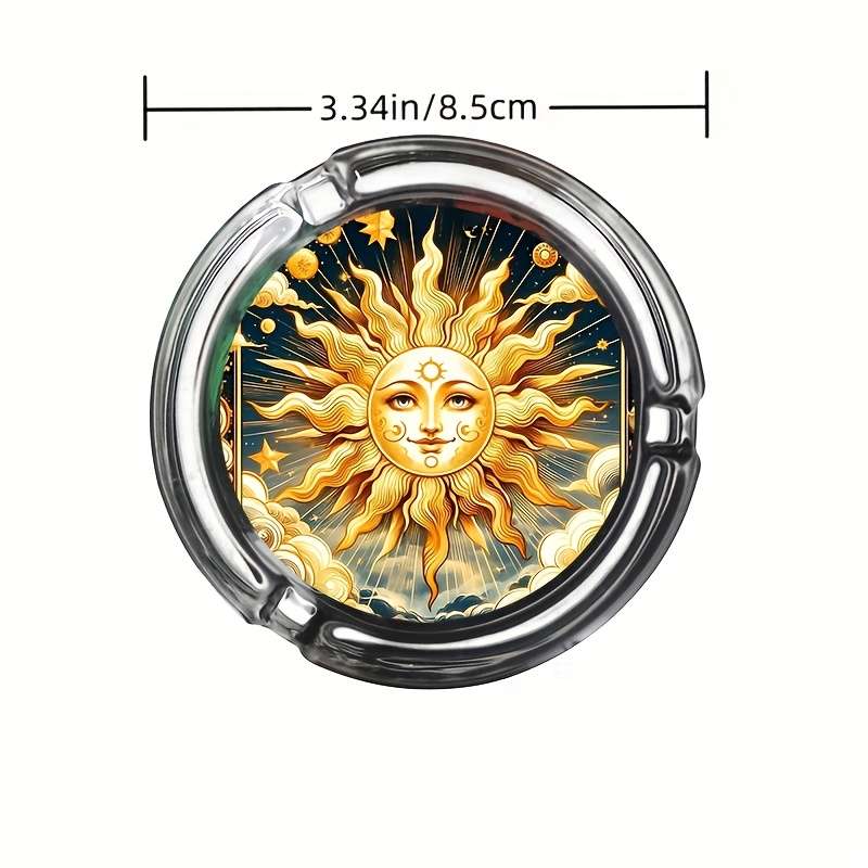 1pc Elegant Sun Moon Design Glass Ashtray Round Stained Glass Artwork with Golden Sun Tranqu
