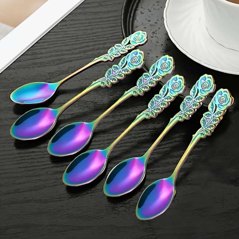 6pcs set stainless steel colored coffee spoon elegant Rose Flower design durable metal Teasp