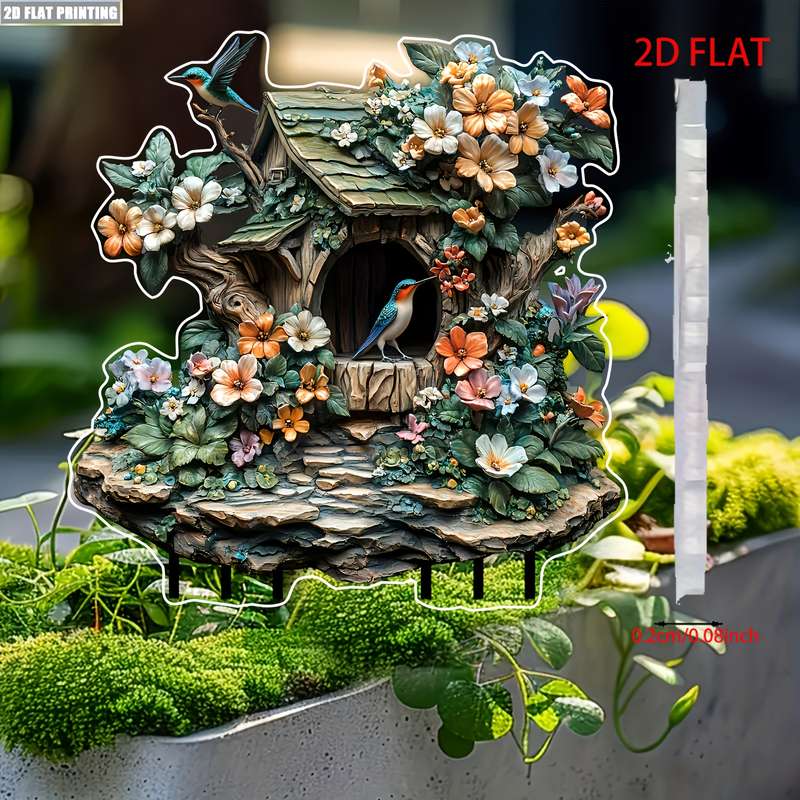 1pc 2D Flat   Acrylic Bird Garden Statue Vibrant Floral Design with Singing Bluebird in Birdhou