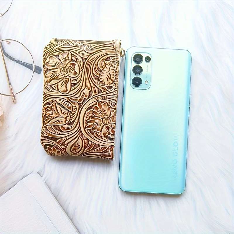 1pc Vintage Floral Embossed Faux Leather Coin Purse Fashion Hard Shell Zippered Key Pouch No