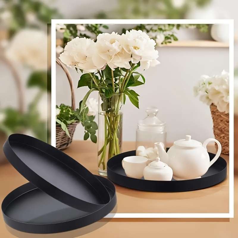 1pc Modern Black Round ABS Tray with Candle Holder Stylish Farmhouse Decor Suitable for Home Ki