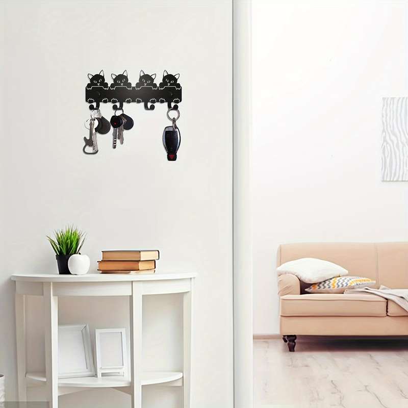 HELLOYOUNG Playful Cat-Themed Black Metal Key RackWall Mounted Decorative Entryway Organizer wit