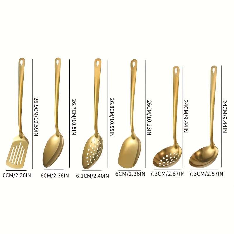 6pcs Gold-Plated Stainless Steel Kitchen Utensil Set Includes Soup Spoon Colander Frying Sh