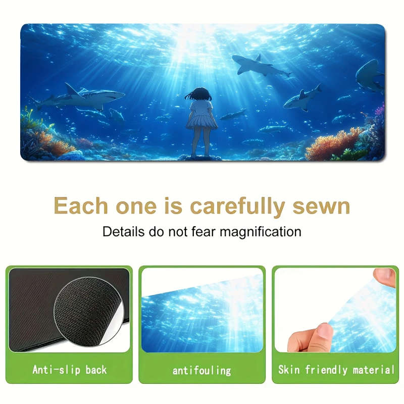 1pc 30x60cm Ergonomic Rubber Mouse Pad Underwater Shark Girl Design Non-Slip Washable Durable