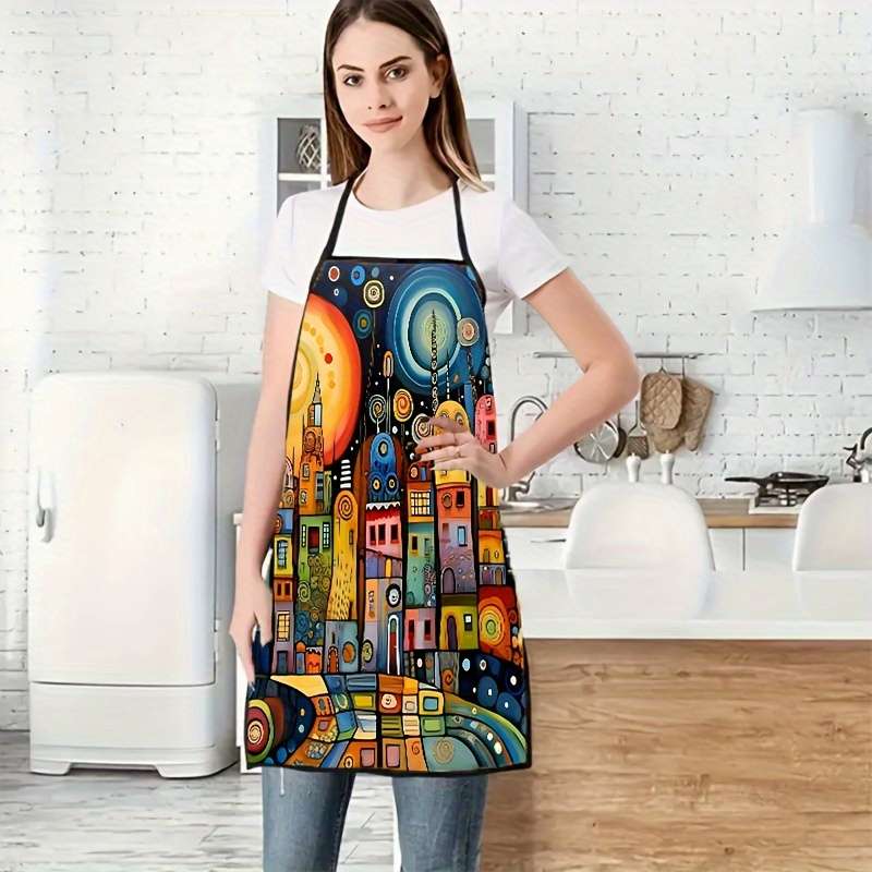 1pc Colorful Art City Pattern Polyester Apron Sleeveless Durable Kitchen Cleaning Bib