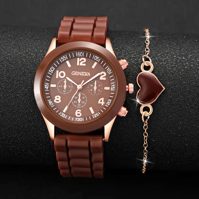 2pcs Fashionable Silicone Quartz Watch Heart Charm Bracelet Set Purple Rose Golden Case with World