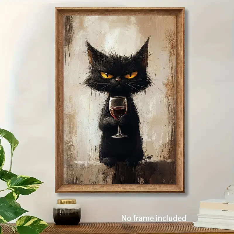 1pc Charming Black Cat with Wine Glass Canvas Print 30.48x45.72cm Unframed Whimsical Animal Art for