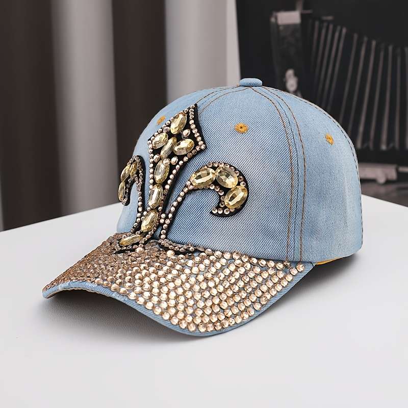 1pc Luxury Rhinestone Embellished Denim Baseball Cap Unisex Adjustable Fit with Sun Protection