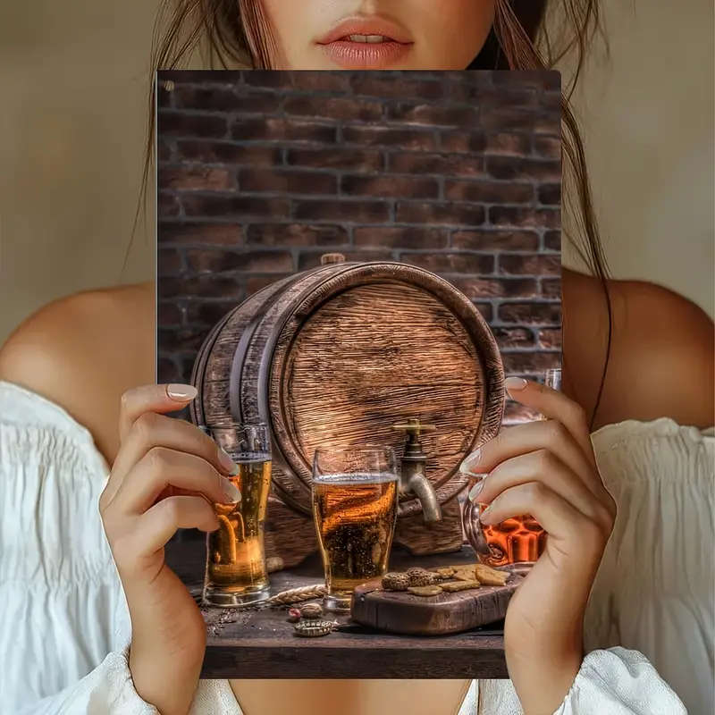 1pc Rustic Bar Scene Metal Tin Sign Vintage Aluminum Wall Art with Beer and Barrel Design Ideal for