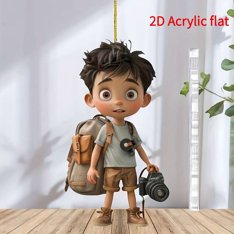 1pc 2D Flat  Acrylic Hanging Ornament Stylish Young Photographer with Camera Backpack Ideal for