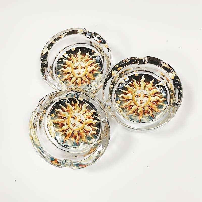 1pc Elegant Sun Moon Design Glass Ashtray Round Stained Glass Artwork with Golden Sun Tranqu