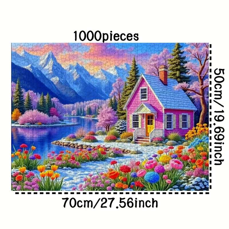 1000pcs Jigsaw Puzzle Serene Pink Cottage Landscape with Vibrant Flowers Snowy Mo