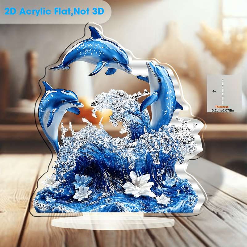 1pc 2D Flat    Printing Blue Three Dolphins Acrylic Display Sign Cafe Bedroom Living Ro