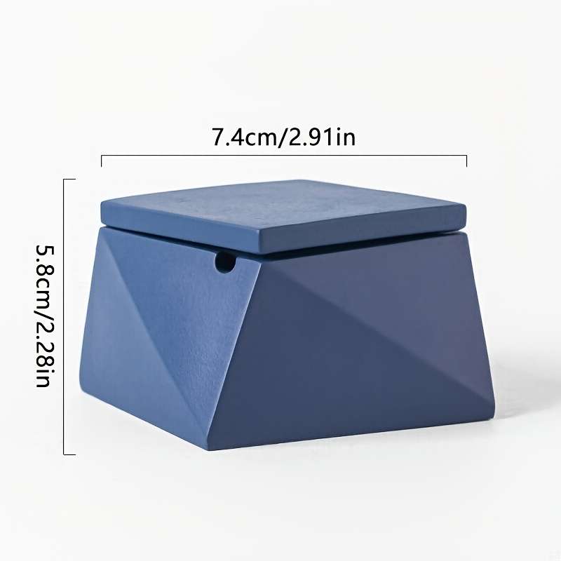 1pc Modern Geometric Stone Ashtray with Lid Light Blue Black Handcrafted Perfect for Indo