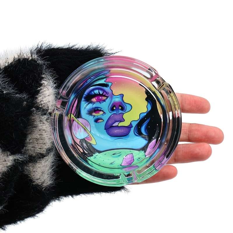 1pc A Round Transparent Glass Ashtray Decorative Non-Electric with Cigar and Cigarette Holder f