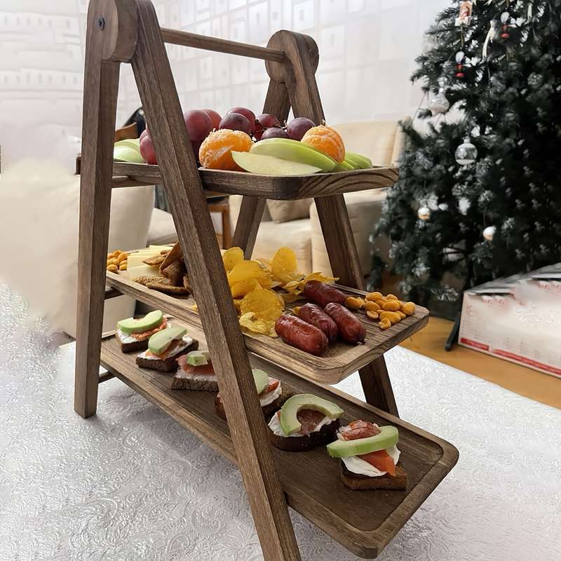 3-Tier Wooden Serving Tray Acacia Hardwood No Power Required Kitchen Organizer Buffet Displ