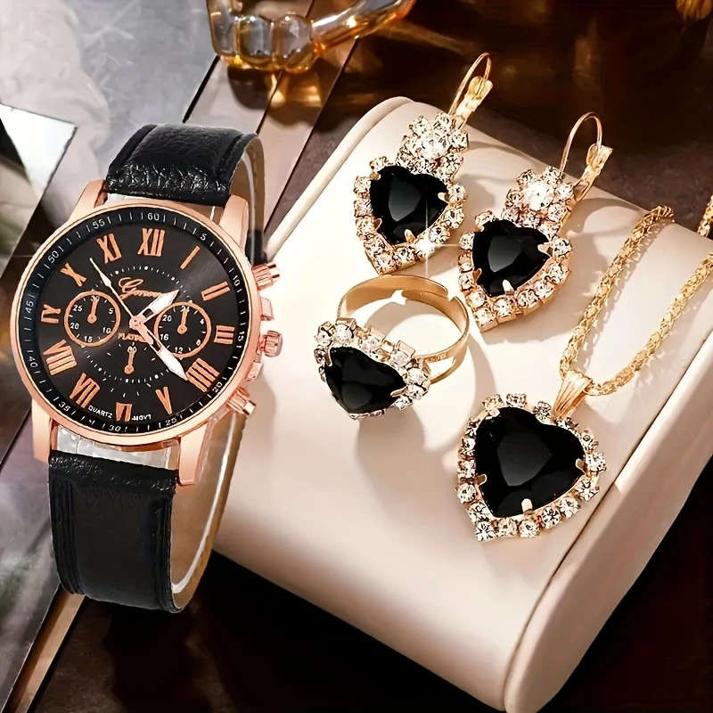 4pcs Set Elegant Women'S Fashion Round Dial Quartz Watch and Jewelry Set Shock-Resistant Analog Disp