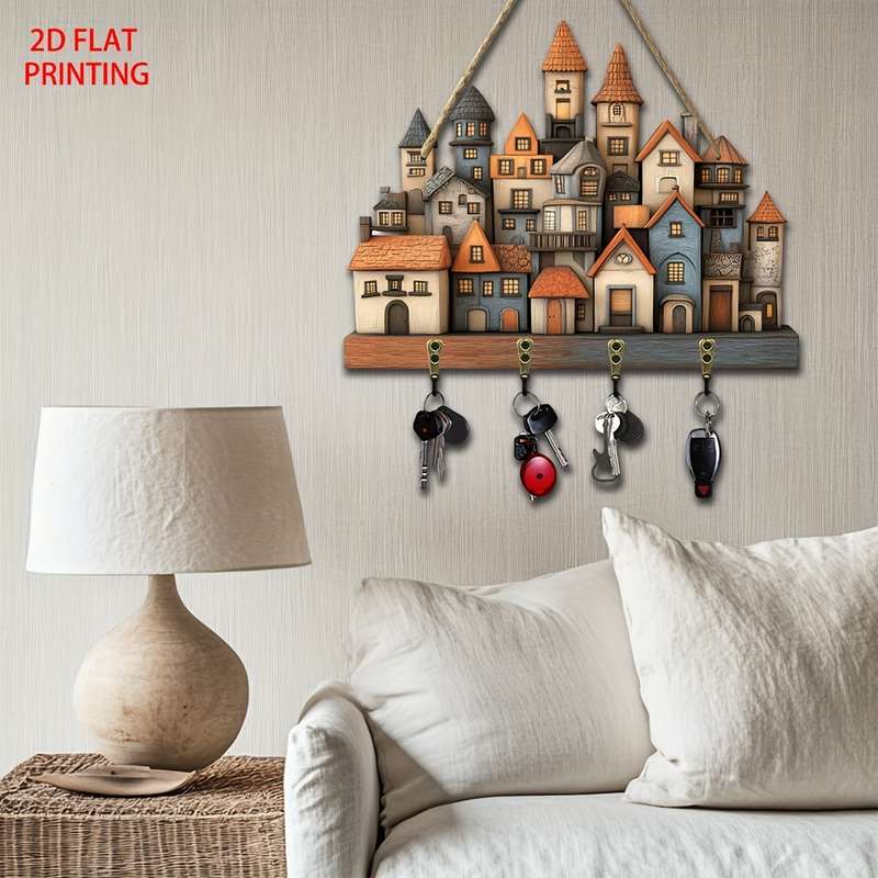2D flat 1pc Charming urban cottage wooden key hanger (30cm x 23cm) with four metal hooksversati