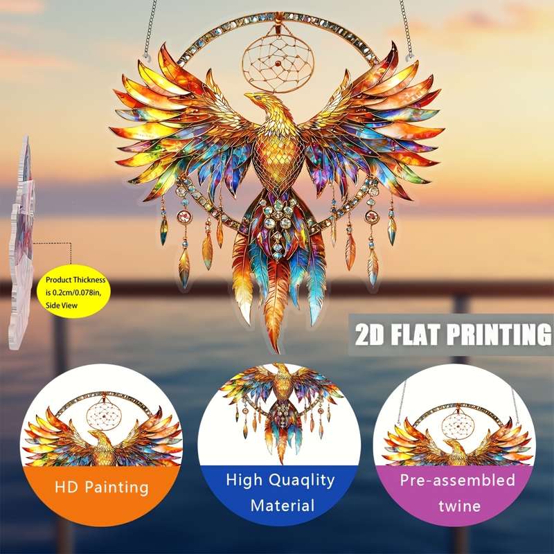 1pc 2D Flat   Painted Fire Phoenix Dreamcatcher Window Hanging Light Catcher a  acry