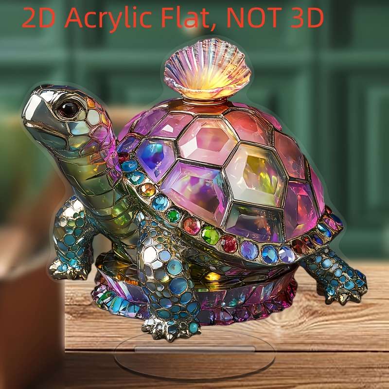 1pc 2D Flat   Crystal Iridescent Turtle Figurine Acrylic Decorative Sculpture with Base Contemp