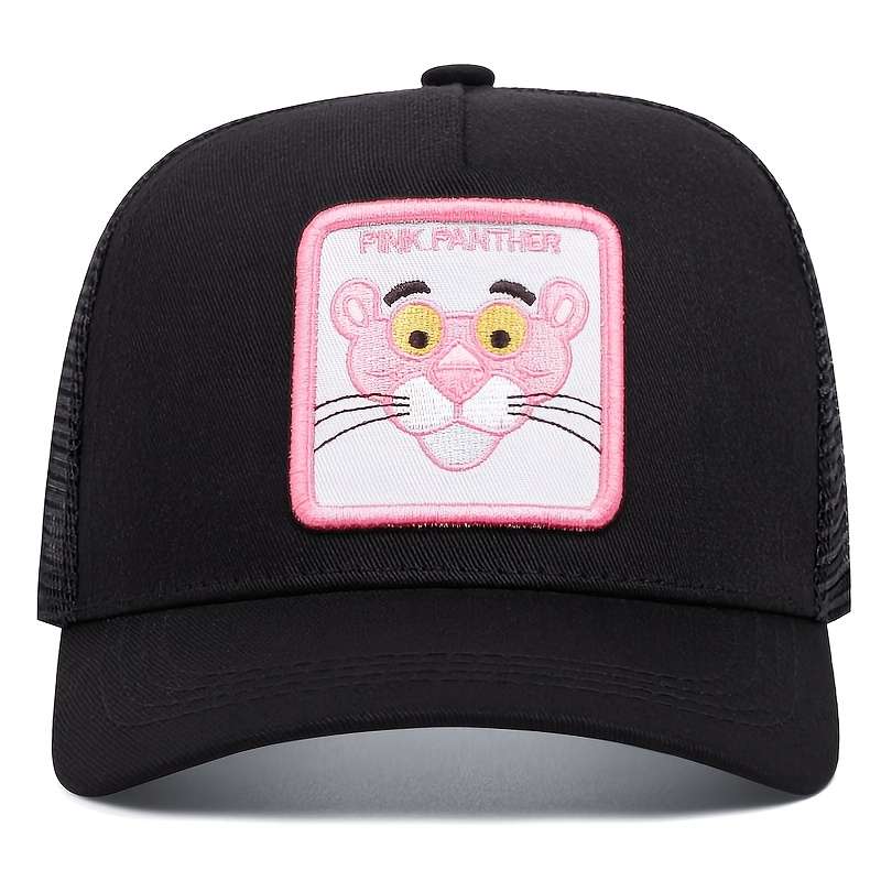 1pc Pink Panther Embroidered Baseball Cap Unisex Lightweight Mesh Trucker Hat for Outdoor Spo