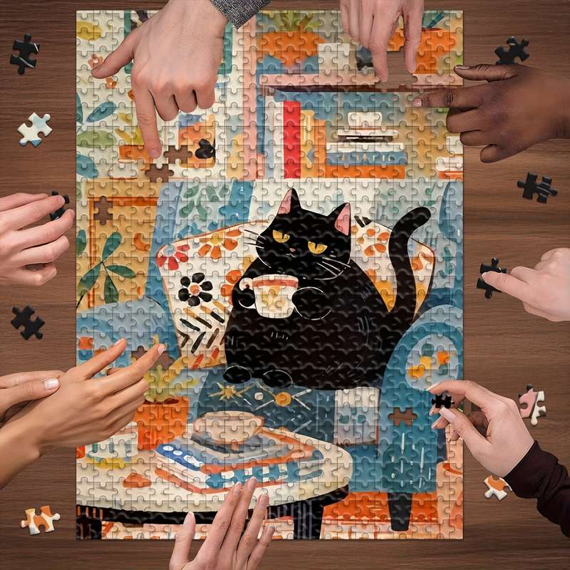 1000pcs Jigsaw Puzzle for Adults Families Black Cat Enjoying Coffee Design Woode