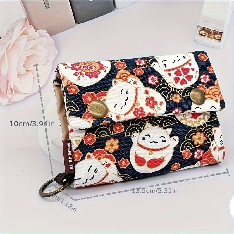 1pc Compact Bifold Wallet with Golden Snap Closure Unisex Fabric Coin Purse Card Holder Black