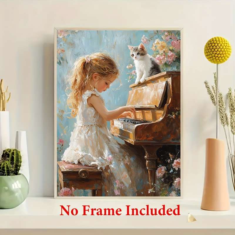 1pc  Oil on Canvas Frameless 30.48X40.64 cm Little Girl Playing The Piano Home Decoration