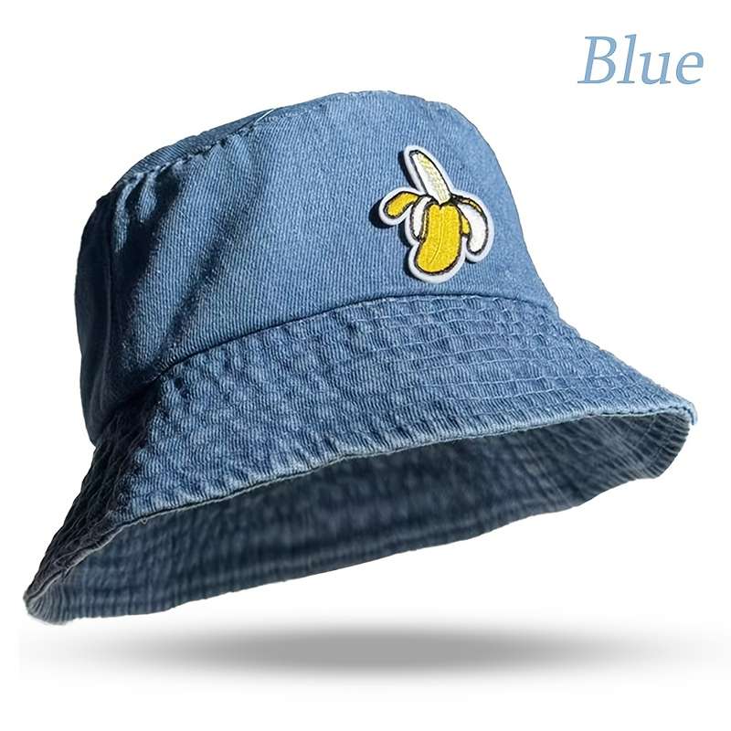 1pc Unisex Embroidered Banana Bucket Hat 100% Polyester Denim Fisherman Cap Soft Washed Fabri