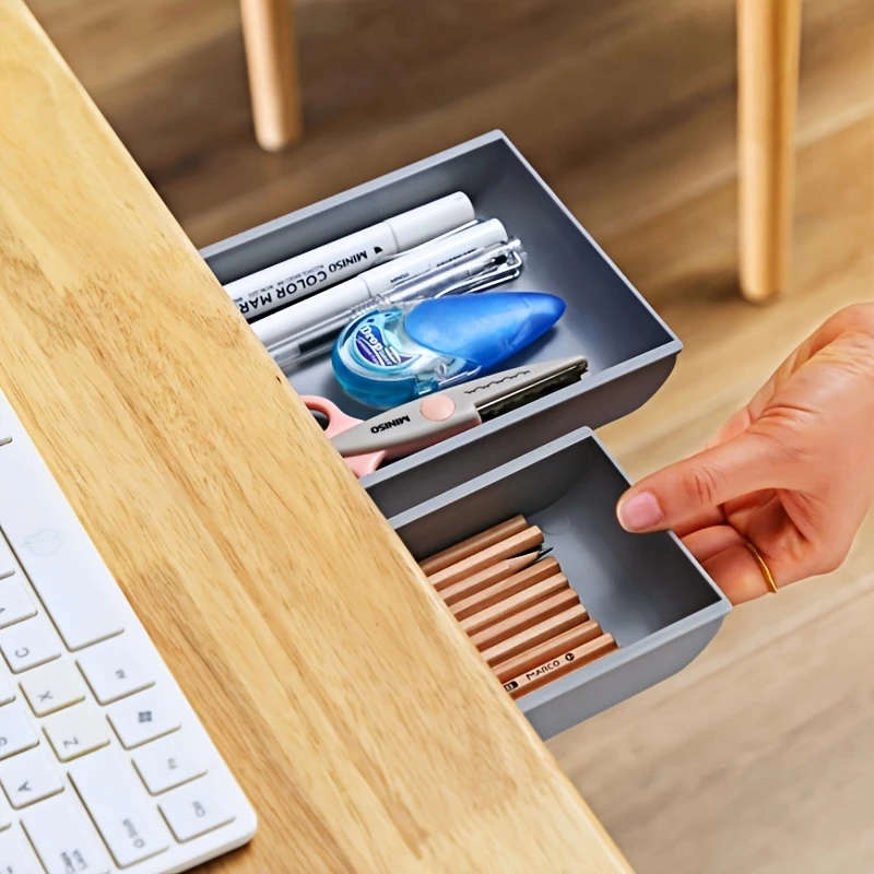 1Pc Sleek Design Self Adhesive Under Desk Drawer Hidden Slide Out Storage Organizer For Office Schoo
