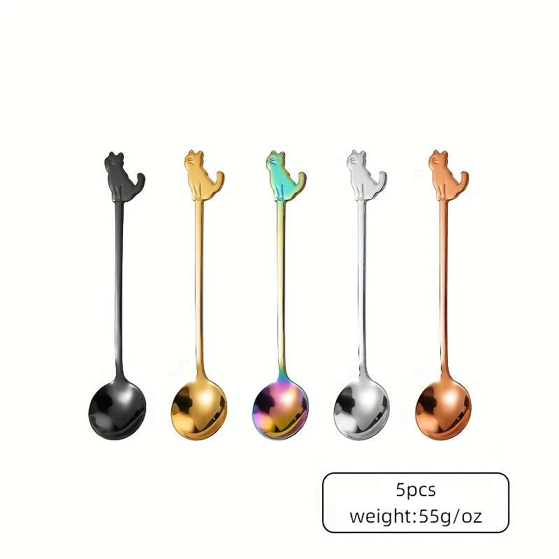 5pcs Stainless Steel Cute Mini Cat Spoons for Coffee Dessert Tea Sugar and Ice Cream Churn