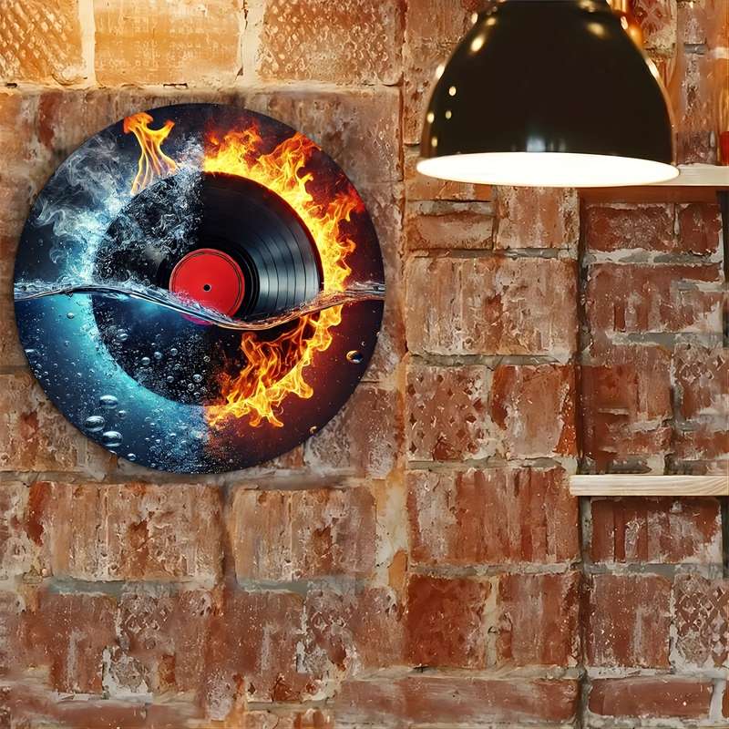 1pc 20cm Fire and Water Vinyl Record Themed Metal Sign Art Set Durable Iron Retro Music Wall Deco