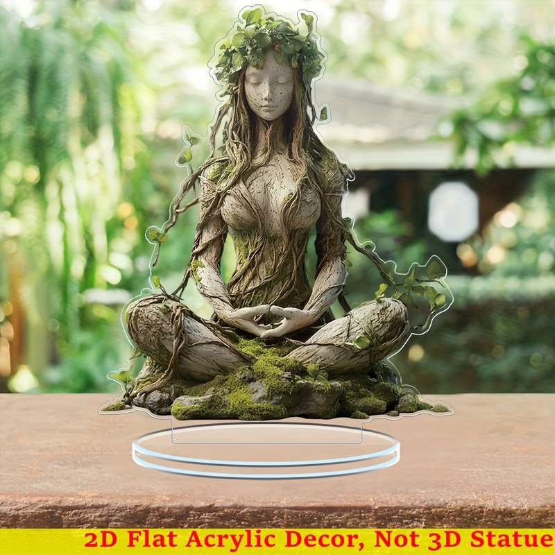 1pc 2D Flat   Boho Goddess Acrylic Desktop Decor Natural Wooden Texture with Moss Vines Ide