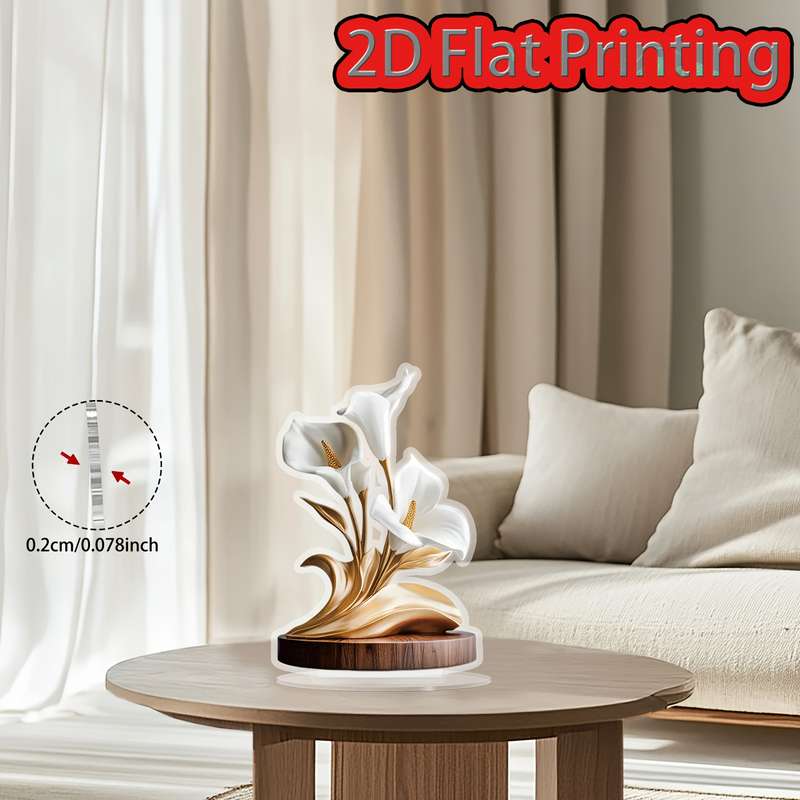 1pc 2D Flat  Printing  Elegant White Lily Acrylic Decor with Base Bohemian Style Perfect for