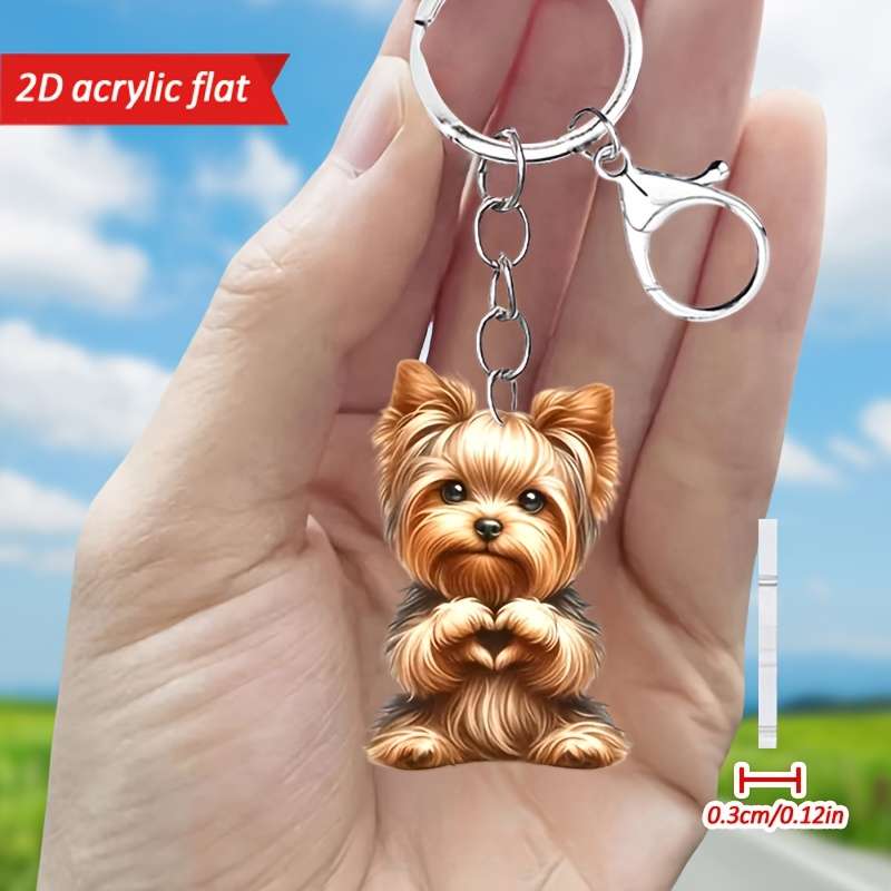 1pc 2D Flat   Cute Yorkshire Terrier Love Heart Pattern Keychain Novel Acrylic Design Key Chain