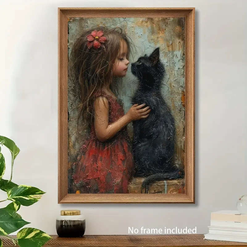 1pc Canvas Wall Art Print Little Girl with Black Cat Painting Poster for Home Office Decor Non-Solid