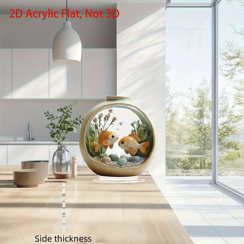 1pc 2D Flat   Bohemian Style Goldenfish Aquarium Acrylic Art Desktop Decor with Base Perfect fo