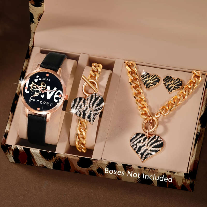 4pcs Set Ladies Watch Necklace Earings Rings Jewelry Set And Rhinestone Decor Quartz Watch Watch