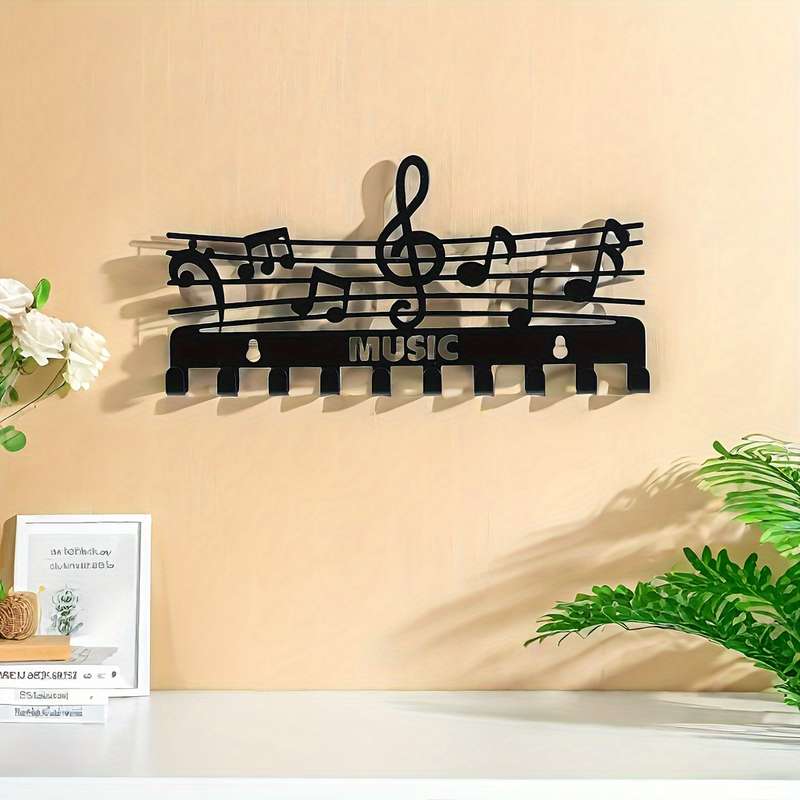 1pc Black Iron Music Note Key Hook Rack Multifunctional Wall-Mounted Storage Organizer Painted Fin