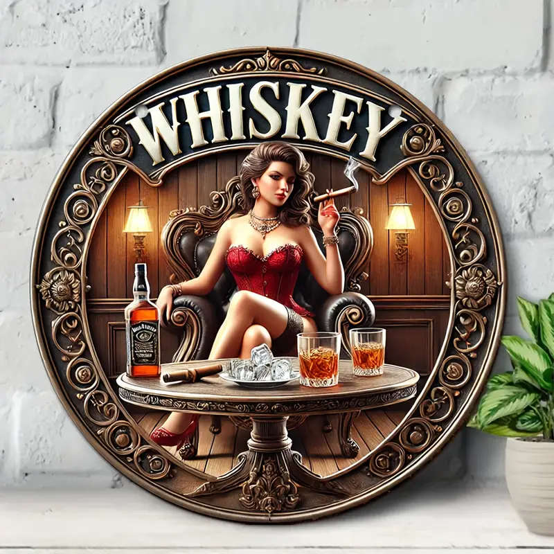 1pc Vintage Whiskey Metal Sign 20.32cmx 20.32cm Elegant Wall Art with Smoking Woman Ornate Design Al