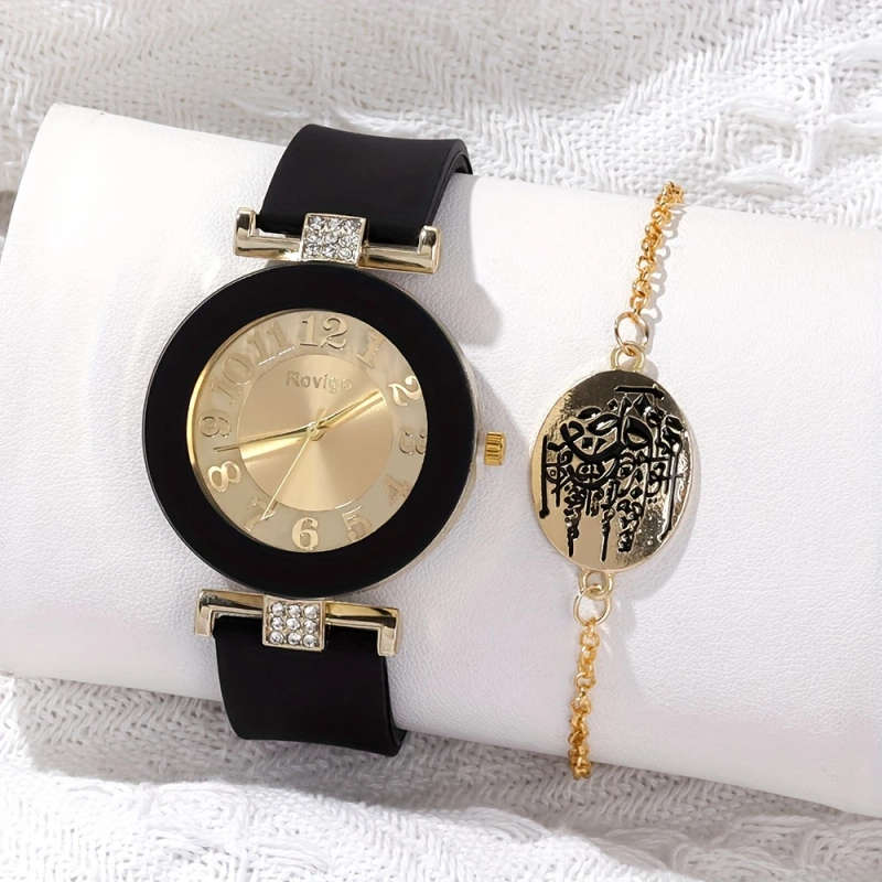2pcs Elegant Women'S Quartz Watch Bracelet Set Black Golden Middle Eastern Calligraphy Design Classi